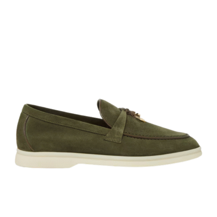 Loro Piana Summer Charms Walk Suede Olive loafers
